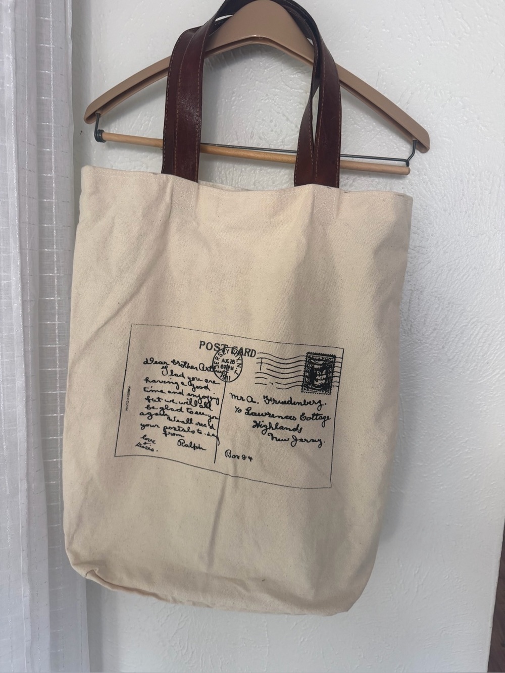 Cream Canvas Postcard Tote Bag with Brown Leather Handles - Picture 2 of 9